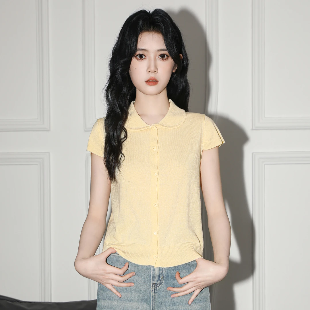 黄色冰丝短袖T恤女夏2025夏季新款翻领针织体恤宽松短款正肩上衣
