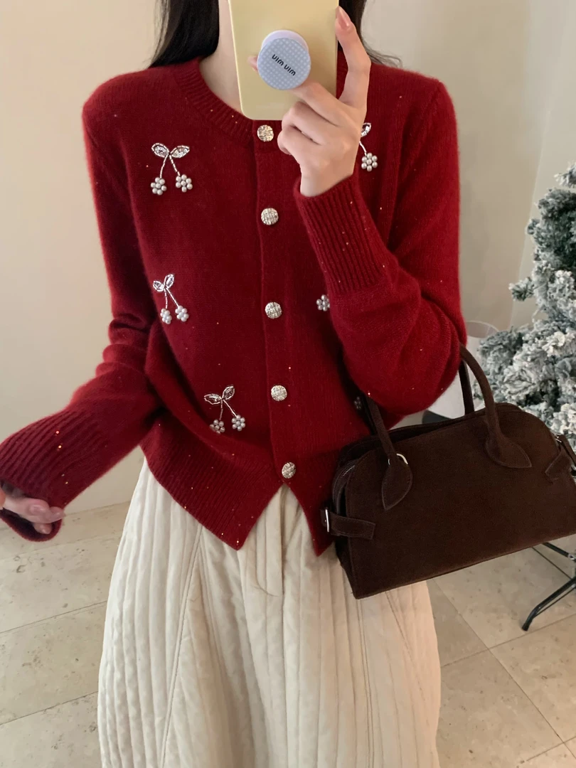 【玥玥家】[蜜熊绒】【不可机洗】圆领设计长袖针织开衫