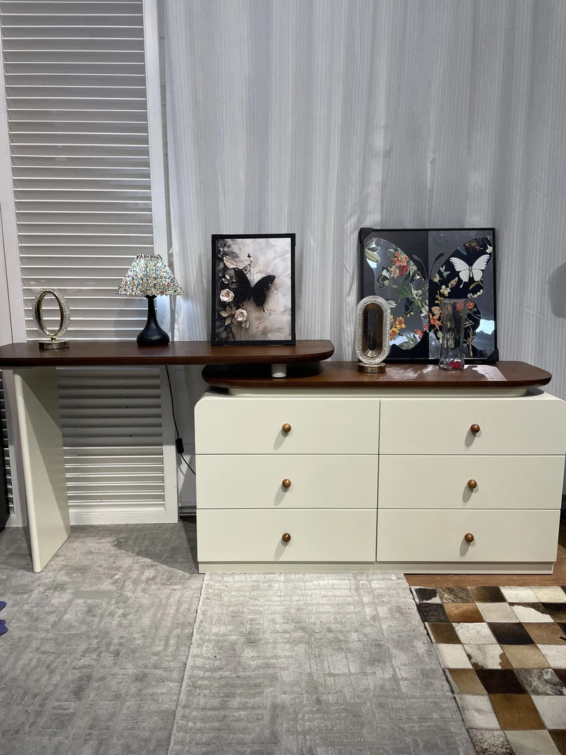 中古奶油风实木烤漆梳妆台床尾复古化妆桌斗柜一体