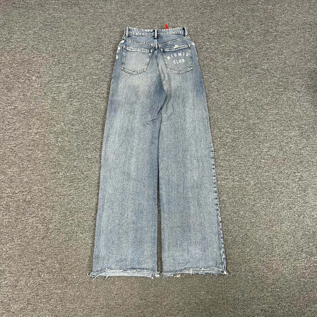 99新 MIU MIU/缪缪 字母Logo 阔腿 水洗牛仔裤 浅蓝色 24码