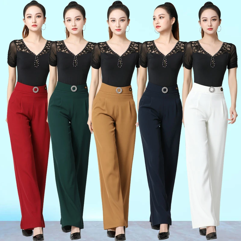 Y国标舞新款女裤摩登交谊舞拉丁舞裤广场舞吉特巴高腰阔腿裤长裤