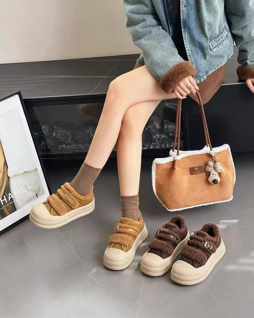 冬季少女感高级感软底潮流女士魔术贴厚底加绒保暖百搭休闲鞋4996