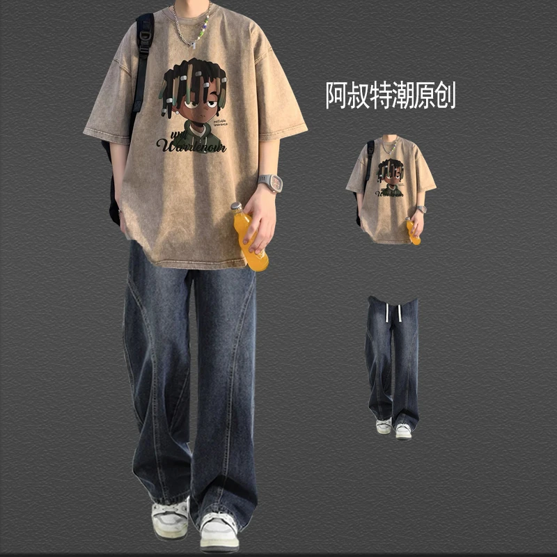 美式复古短袖T恤套装男士夏季青少年潮流男装一套搭配高街牛仔裤