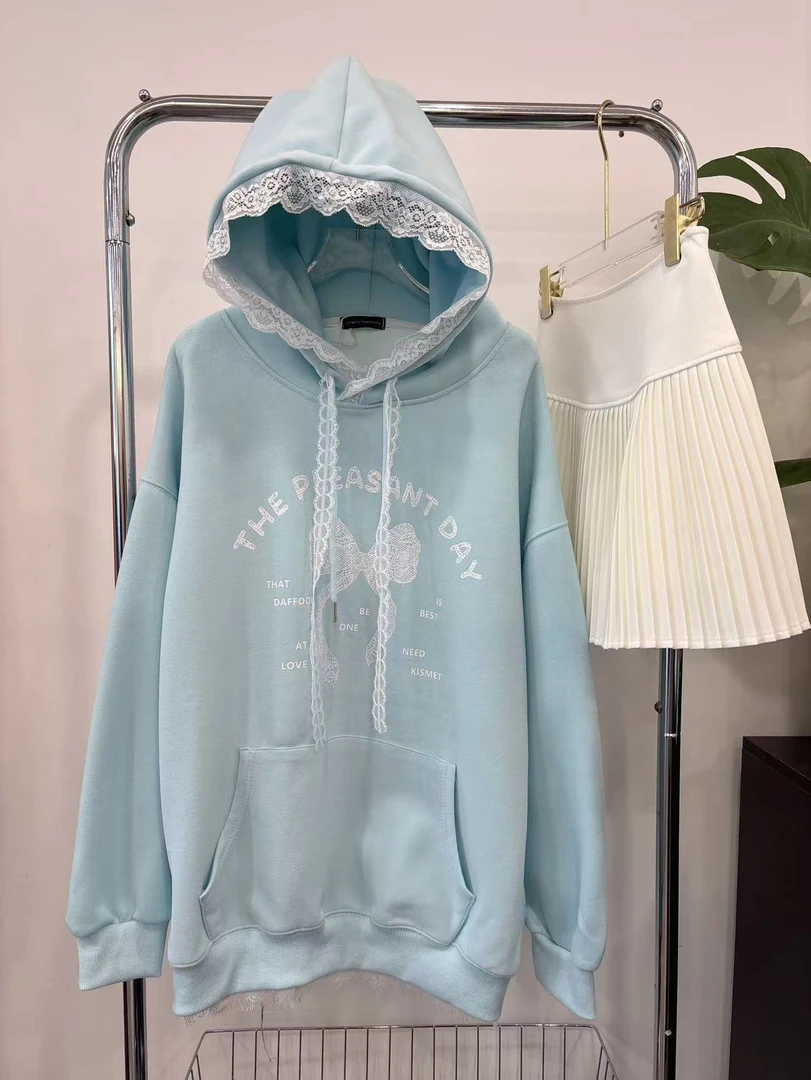 2025上衣仙女风拼接蕾丝女士宽松连帽春款女装卫衣