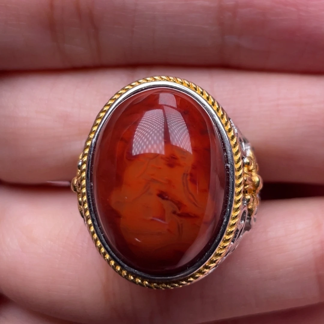 南红玛瑙银S925镶嵌珠宝奇石戒指