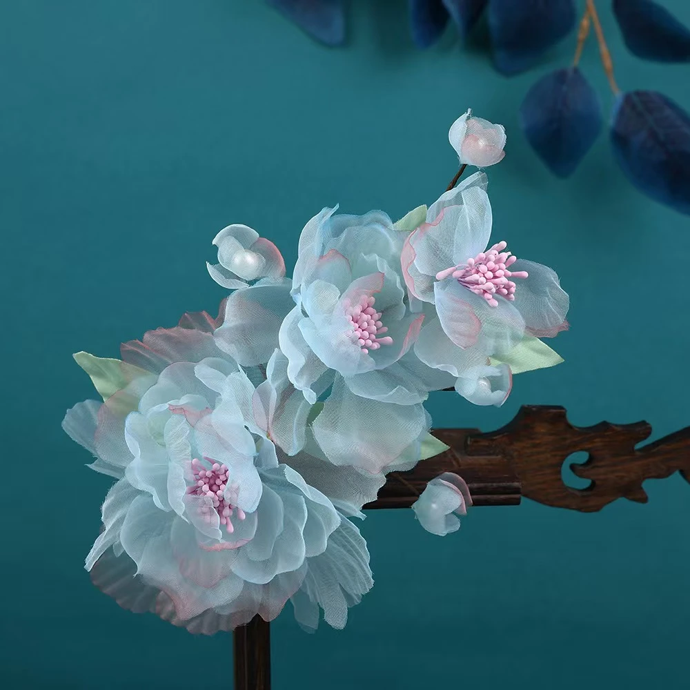 HF1354淡蓝渐变烫花发夹汉服头饰