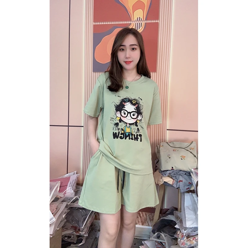 睡衣女夏季新款纯棉短袖短裤韩版时尚可外穿家居服套装（绿芽草）