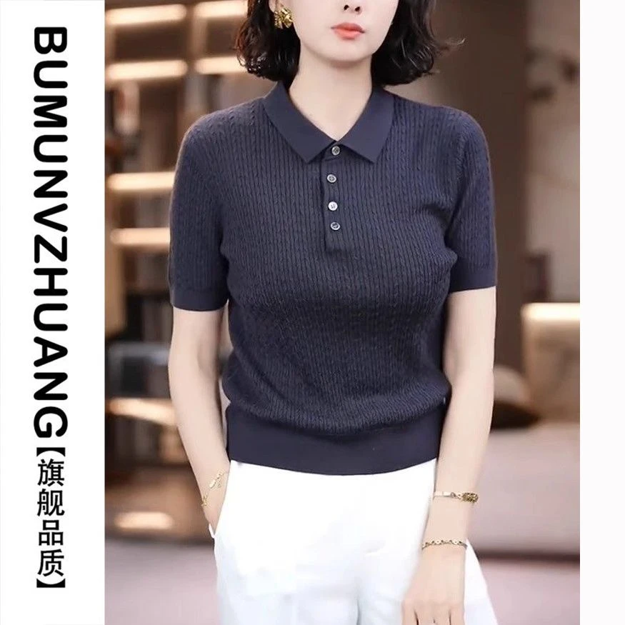 polo衫女款短袖女装显瘦T恤洋气女士翻领短款宽松上衣修身针织衫