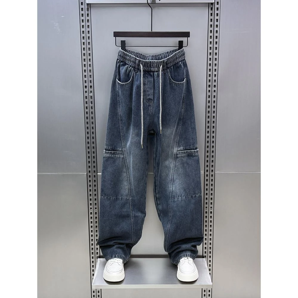 灏吉弧秋冬加绒牛仔长裤男高街显瘦潮流百搭保暖加长款休闲裤男