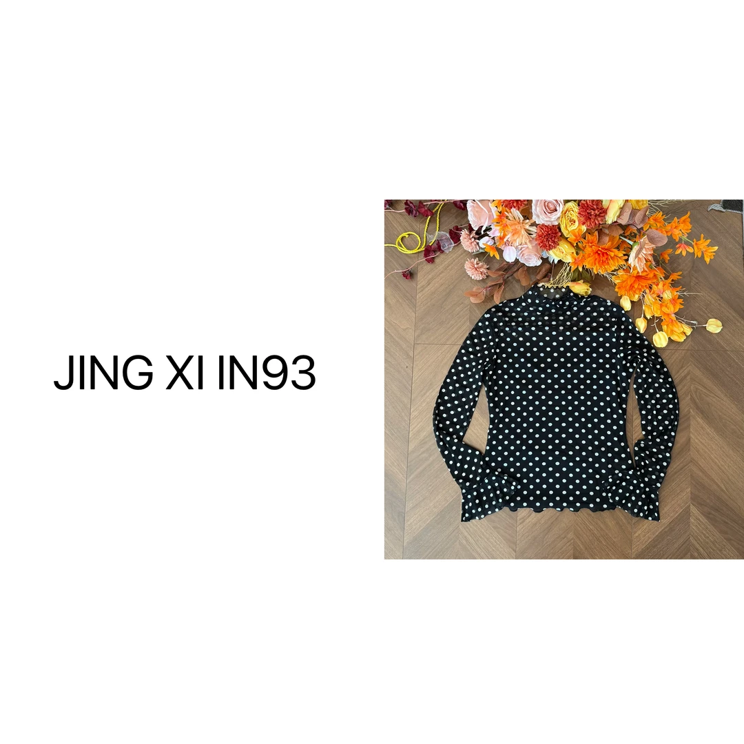Jing Xi【百搭波点上衣】时尚休闲长袖潮流网纱内搭圆领