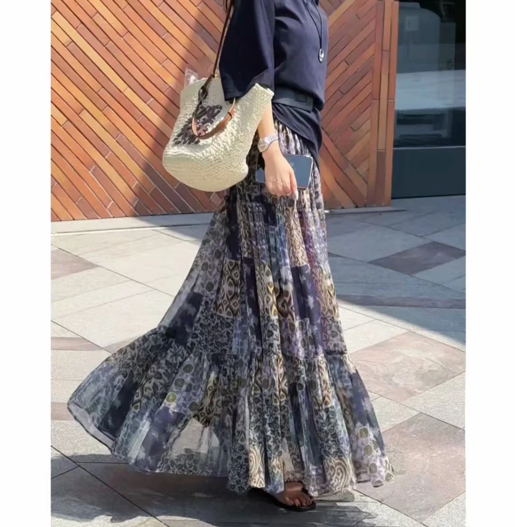 紫藤浪漫休闲时尚百搭高腰半身裙2851