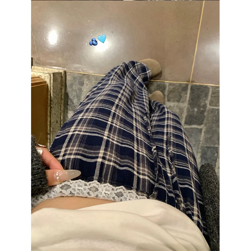 春夏新品蕾丝花边镶嵌显瘦高腰直筒阔腿裤休闲时尚格子拖地裤女裤