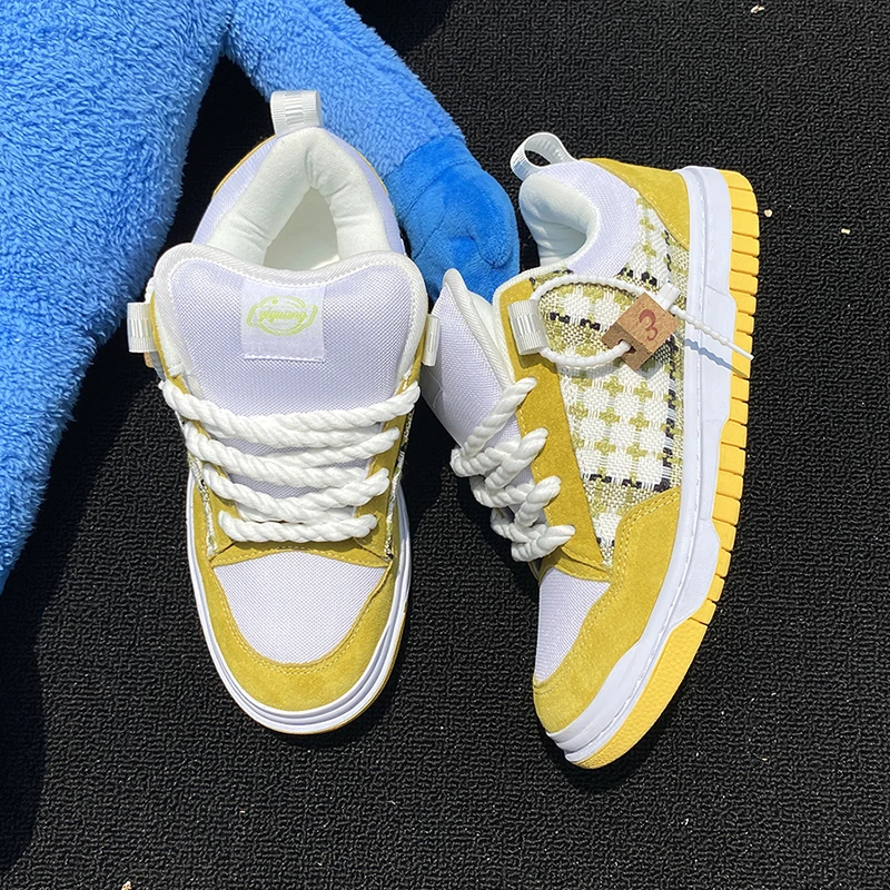 拼色板鞋黄色休闲鞋厚款面包鞋拼色运动潮鞋大码男鞋学院风爆款鞋