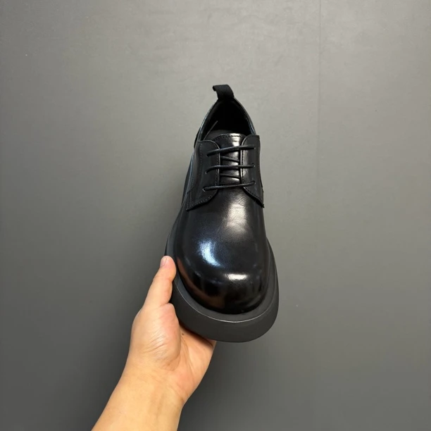 2609-2高端品质男鞋男士时尚黑色真皮厚底商务系带百搭圆头