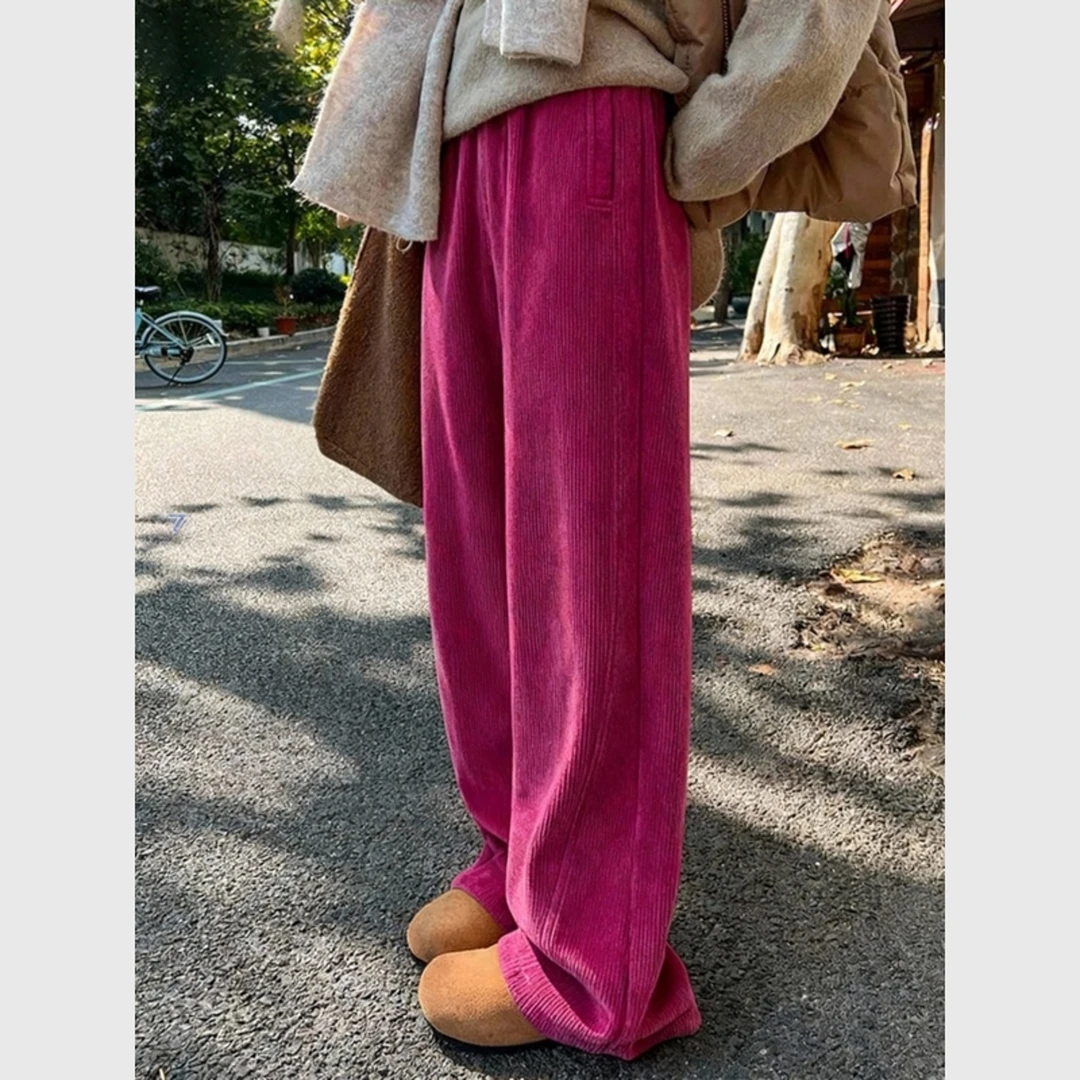 2025独特超好看玫红色灯芯绒垂感直筒裤女冬季加绒加厚窄版阔腿裤