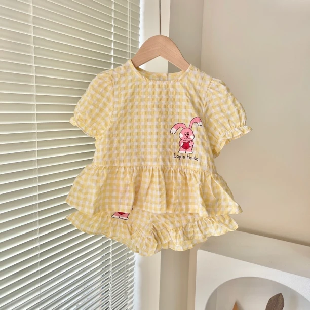韩单 mndou 夏款 黄格子粉兔子 娃娃衫➕花边短裤套装