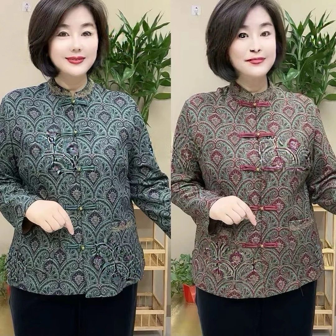 中老年妈妈冬季立领盘扣双面绒加绒保暖宽松复古国风女装开衫洋气