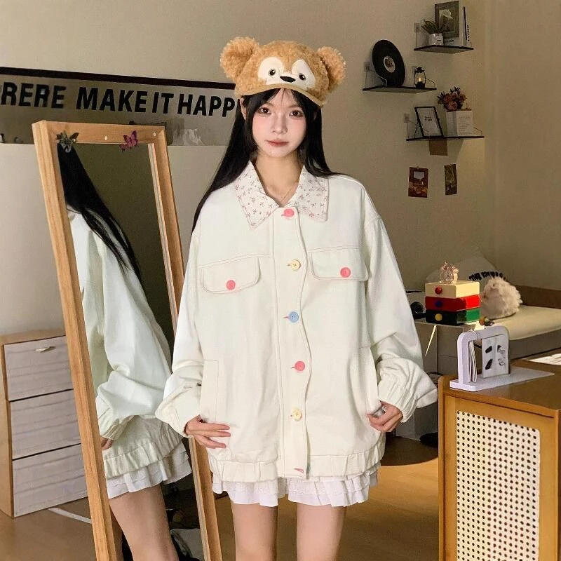 新款甜美碎花翻领牛仔外套女2025春秋ins彩色扣宽松百搭夹克上衣