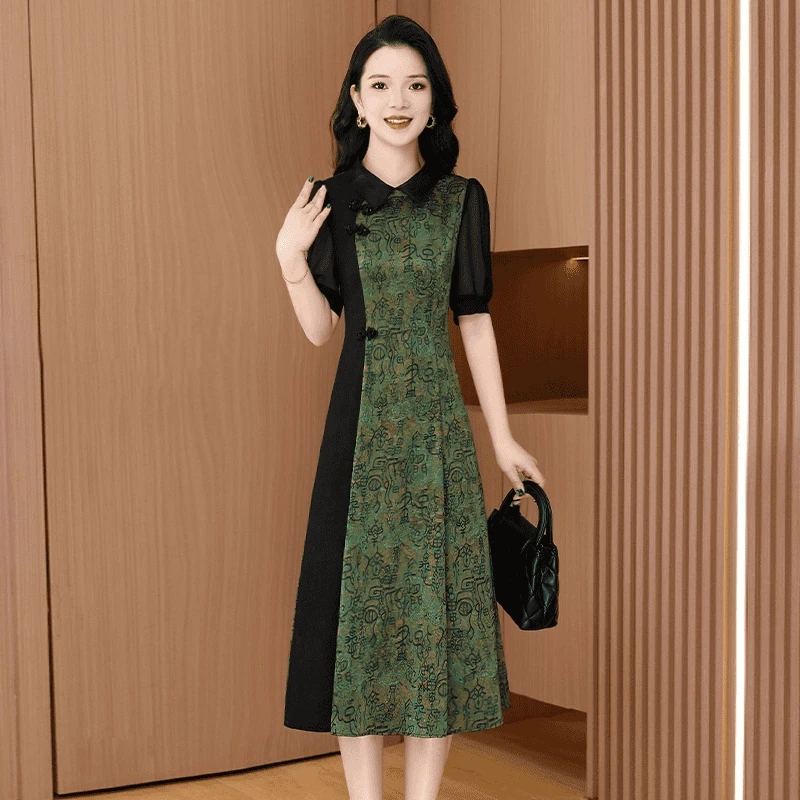 夏季气质妈妈装时尚中国风优雅大气修身休闲显瘦复古中式连衣裙