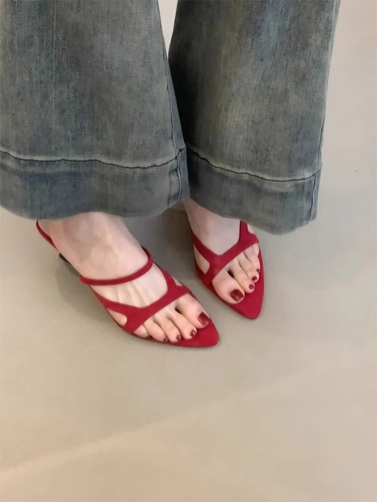 法式一字带尖头跛跟女夏季两穿气质名媛后空明星同款百搭鞋子