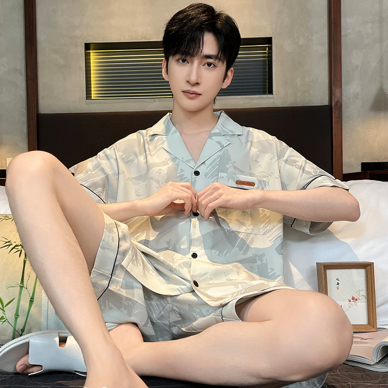 睡衣男款夏季男士翻领短袖短裤冰丝凉感舒适透气薄款家居服套装