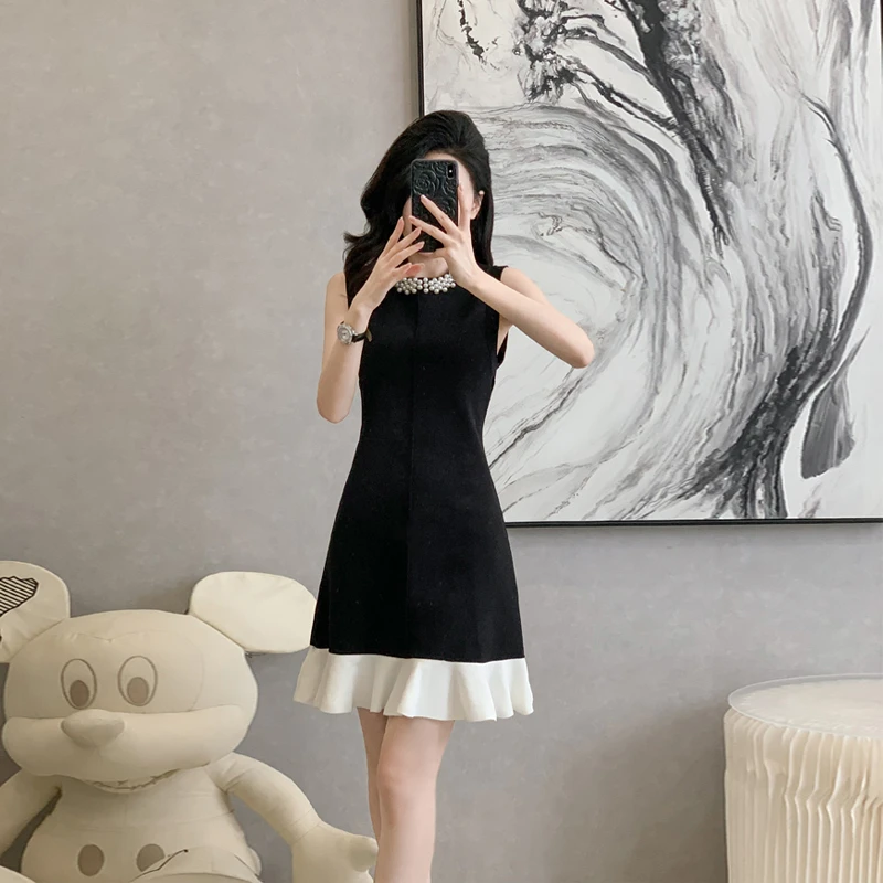 直筒裙连衣裙子小香风收腰显瘦气质拼接无袖夏季短裙小个子小黑裙