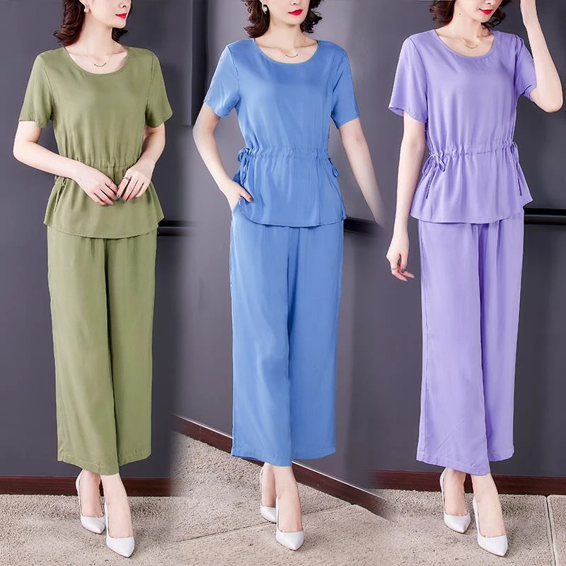 范哲萨棉绸套装女时尚外穿夏人造棉两件套短袖妈妈中年收腰九分裤