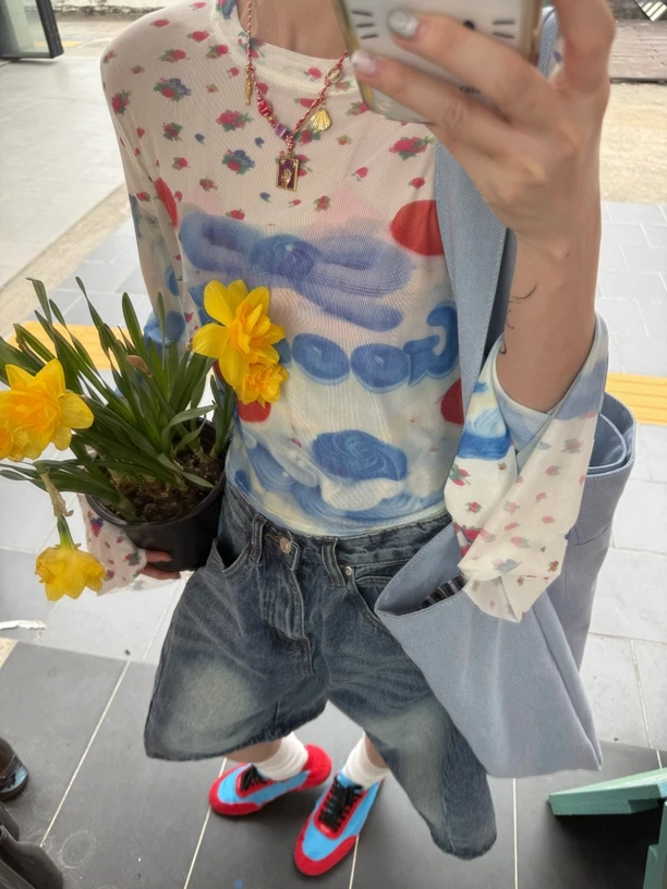 HELLOTANGO《樱桃慕斯》春游出行甜酷满印修身喇叭袖网纱T恤552321#