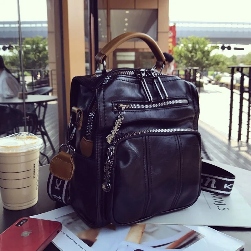 欧洲站双肩包女潮流新款纯色复古油蜡牛皮多用小背包高级感斜挎包