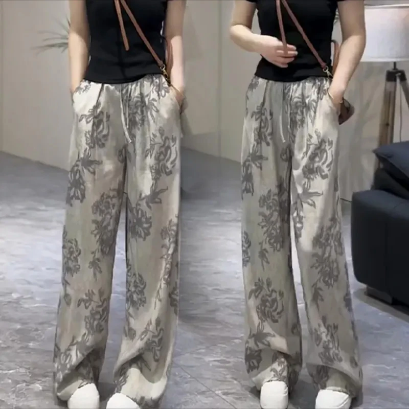 6532【蓝叙轻奢水墨画】老钱风亚麻高腰显瘦松紧腰直筒女裤