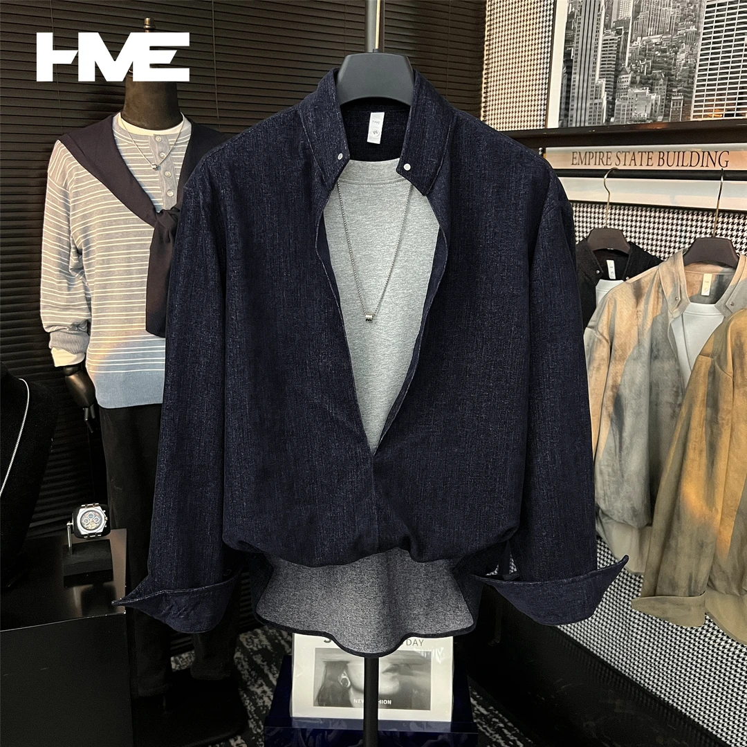 【HMEYAO】【莱赛尔丝光棉】雪尼尔复古明线拼接铆钉层次感假两件衬衣