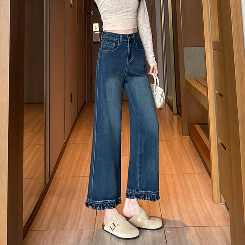 加绒加厚花边直筒裤牛仔裤女冬季水洗高腰宽松显瘦百搭直筒牛仔裤