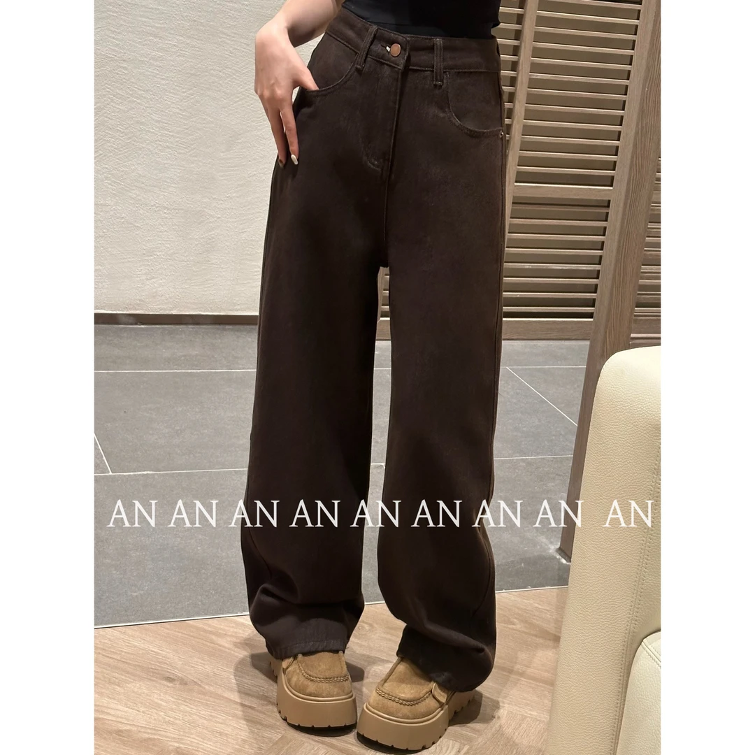 C09309复古时尚INS潮气质宽松横线高腰显瘦阔腿牛仔裤