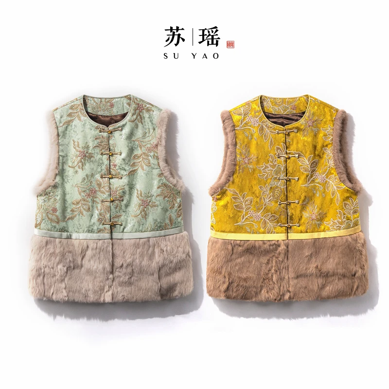 【语瑶】冬季2025新款新中式马夹女式加棉加厚宽松国风提花兔毛马甲