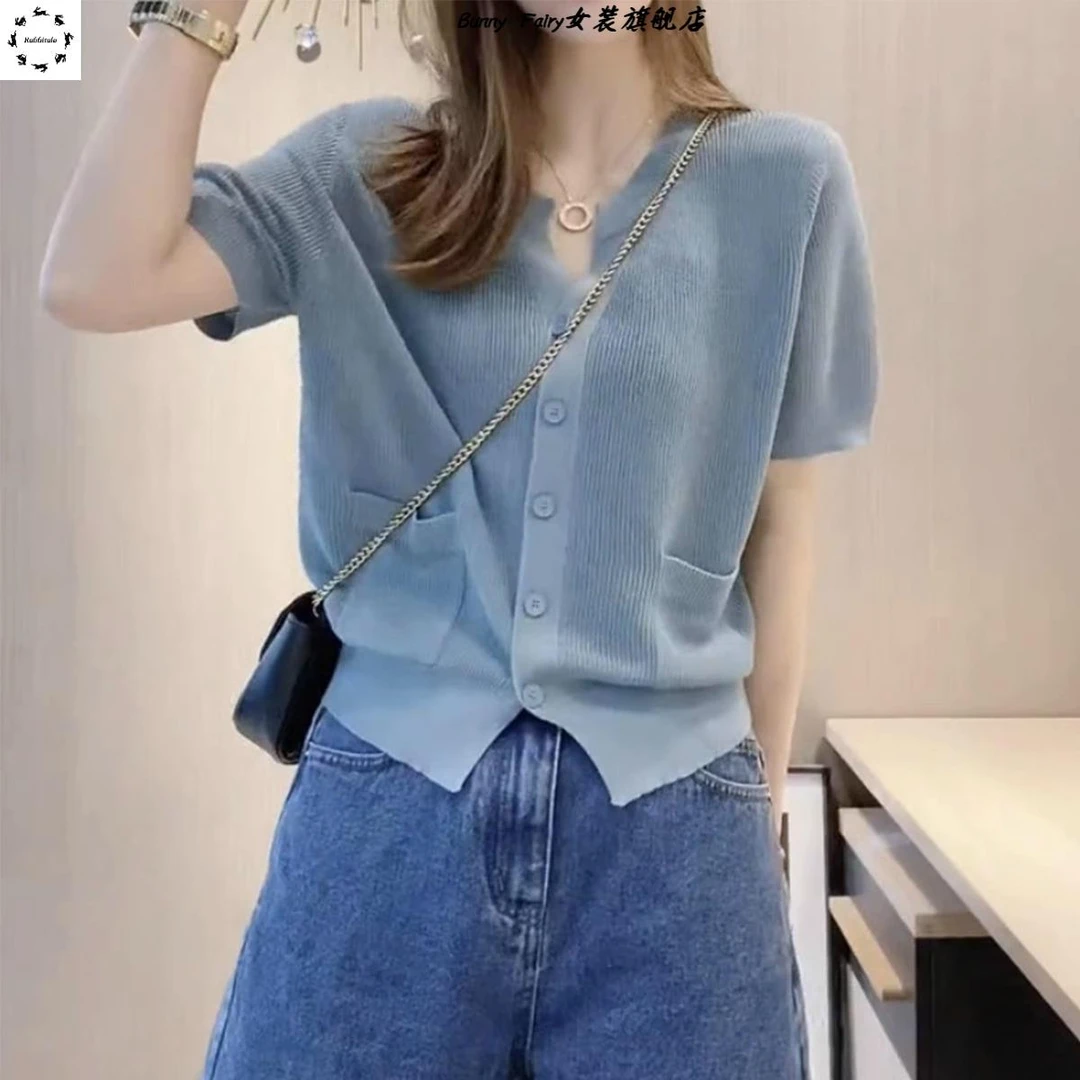 冰丝短袖针织开衫女夏季薄2025新款韩版时尚气质显瘦短款t恤上衣