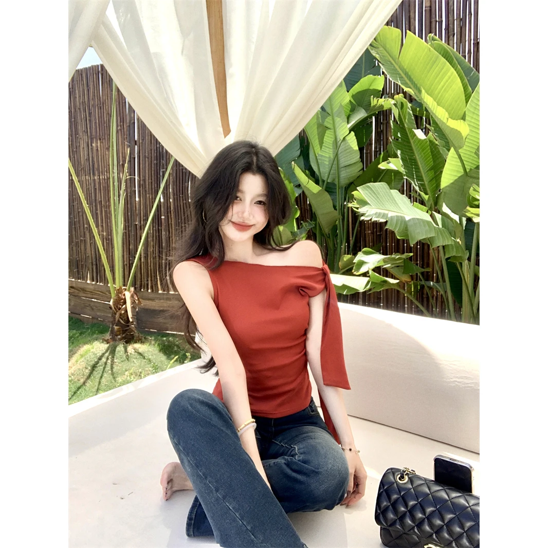 实拍实价~绑带褶皱无袖背心女夏外穿红色不规则设计感无袖上衣潮