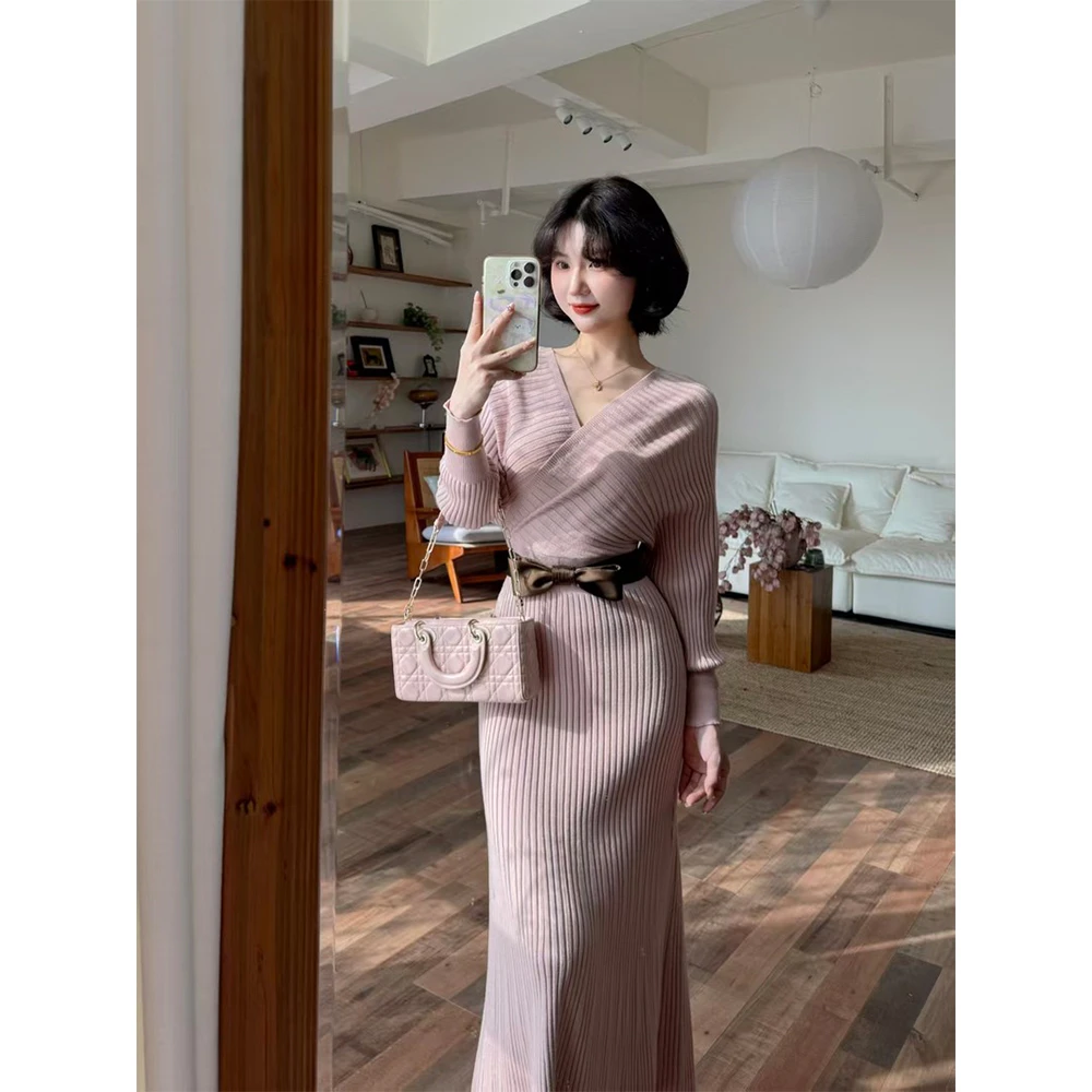 【心动情书】秋季韩系性感辣妹复古气质V领针织连衣裙22963#