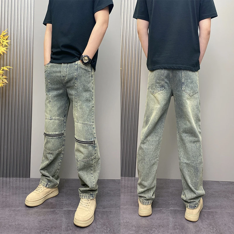 秋季设计感破洞牛仔裤男款潮流美式做旧高街直筒裤子男显瘦小脚裤