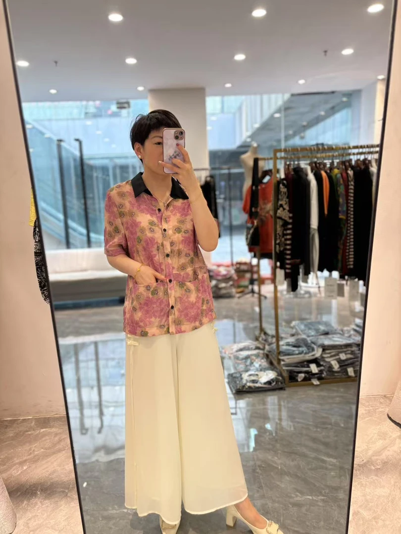 【丽丽家】夏季新款中式休闲小花翻领两口带显瘦上衣560