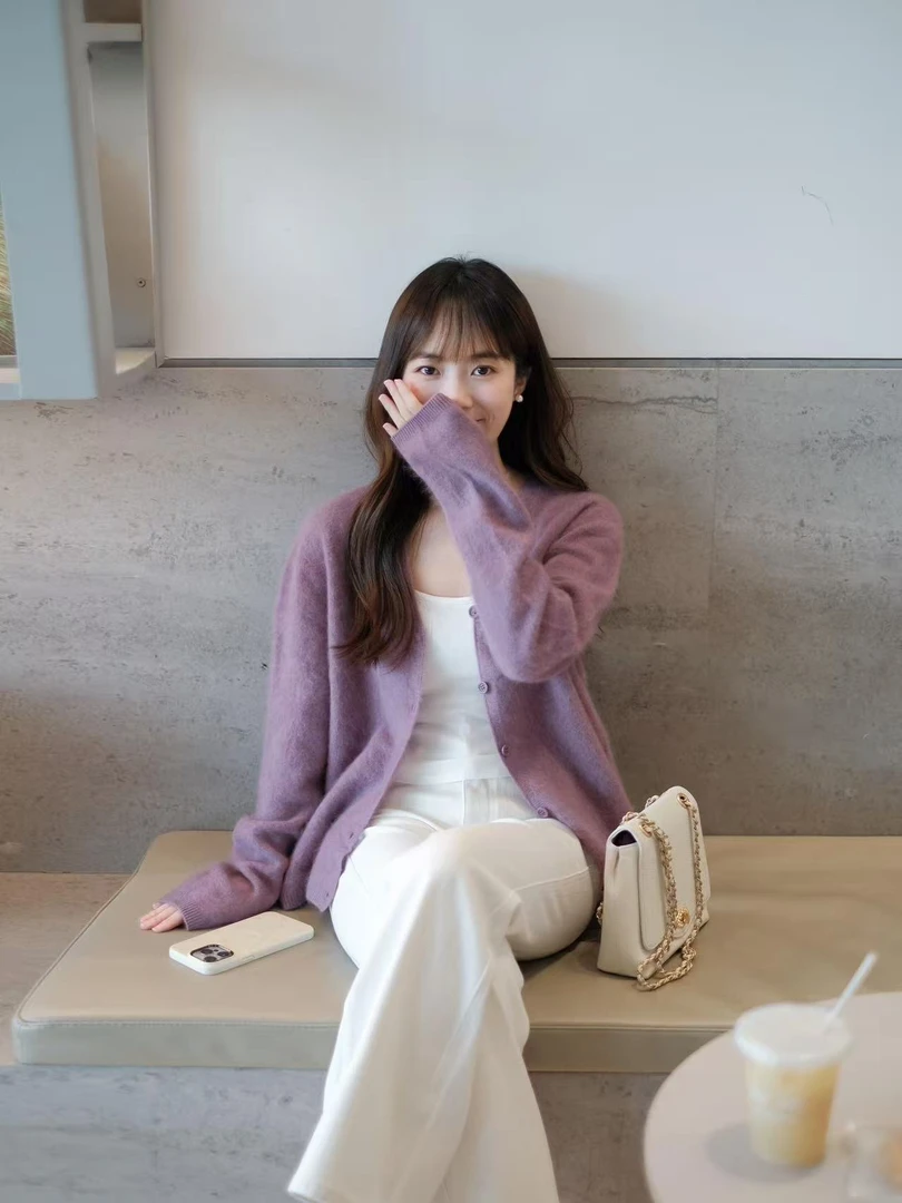 2025秋季新款韩系温柔风紫色针织开衫毛衣外套女百搭休闲直筒裤