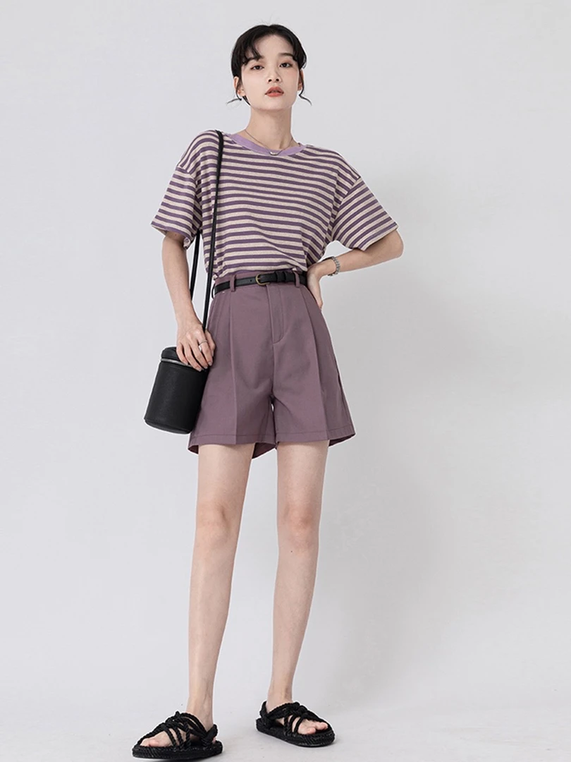 素素家Z0217《黑紫两色条纹T桖》修身显瘦高级设计感小众别致上衣