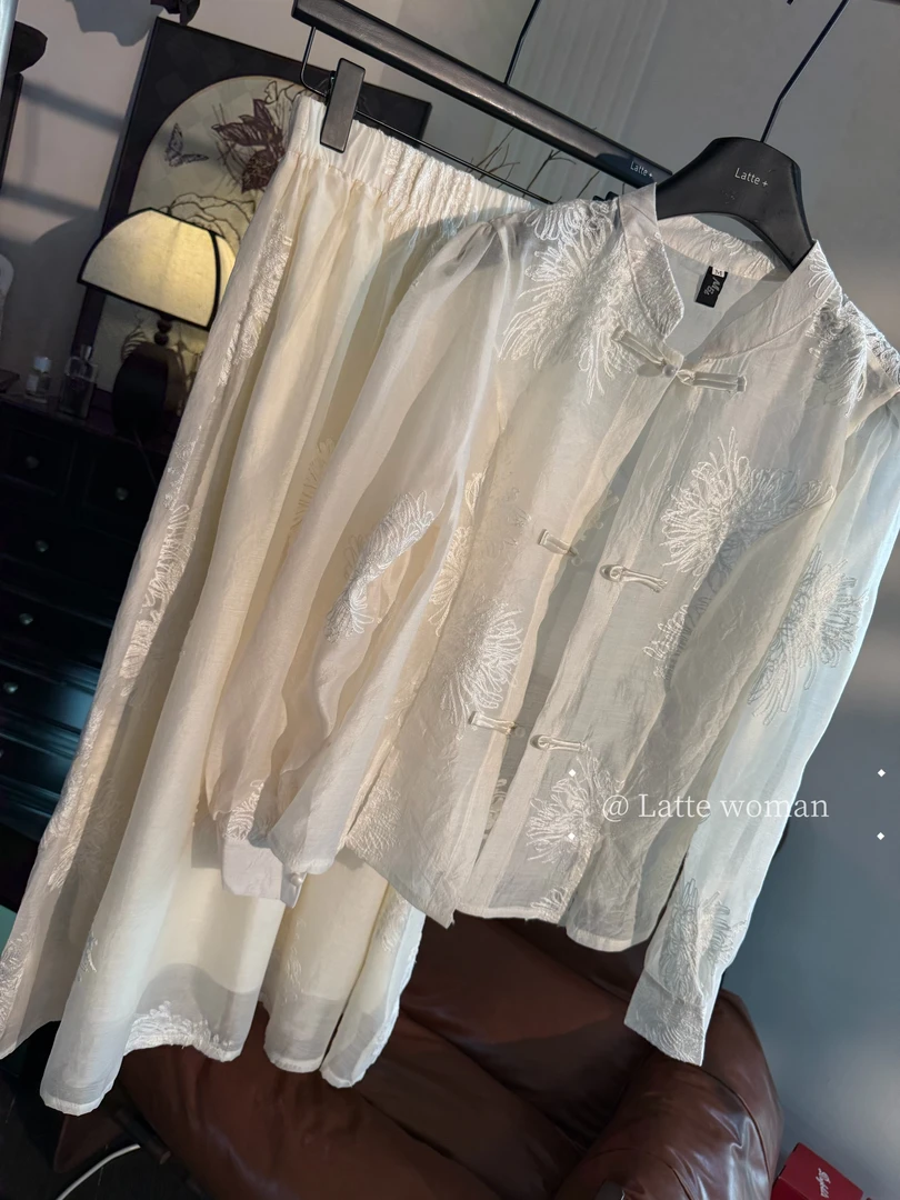 （恬静套装）新款新中式百搭国风盘扣长袖上衣直筒半身裙时尚套装女