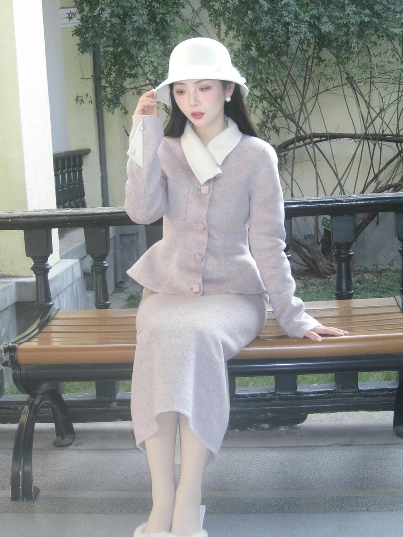 名媛气质毛呢套装女早秋新款高级感收腰显瘦呢子外套半身裙两件套