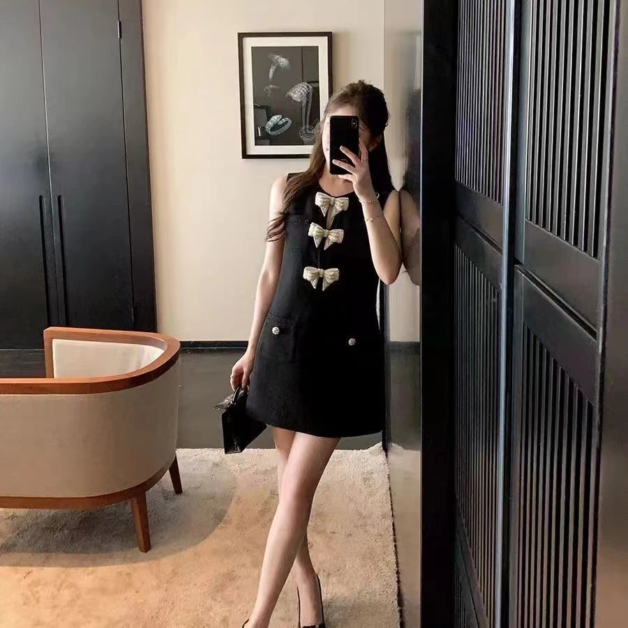 设计法式香风蝴蝶结夏季连衣裙显瘦高级气质无袖收腰背心裙子短裙