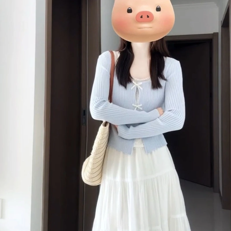 小个子春新款假两件蝴蝶结性感纯欲蓝色针织衫上衣配半身裙两件套