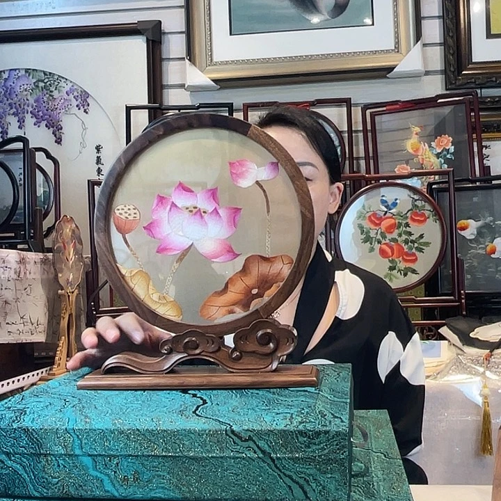 有机玻璃苏绣摆台胡桃木手工双面