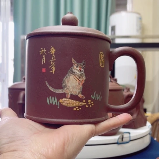 紫砂茶杯海**缘紫泥老鼠杯