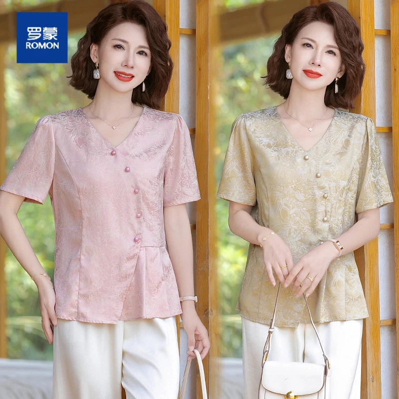 中老年女装夏季新款气质套装妈妈夏装短袖洋气V领时尚T恤上衣国风