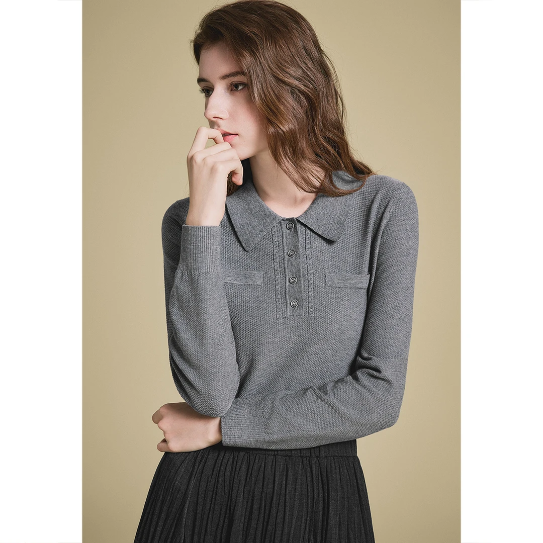 诗篇2025春新款智性学院风翻领套头通勤百搭毛针织衫6C65106423