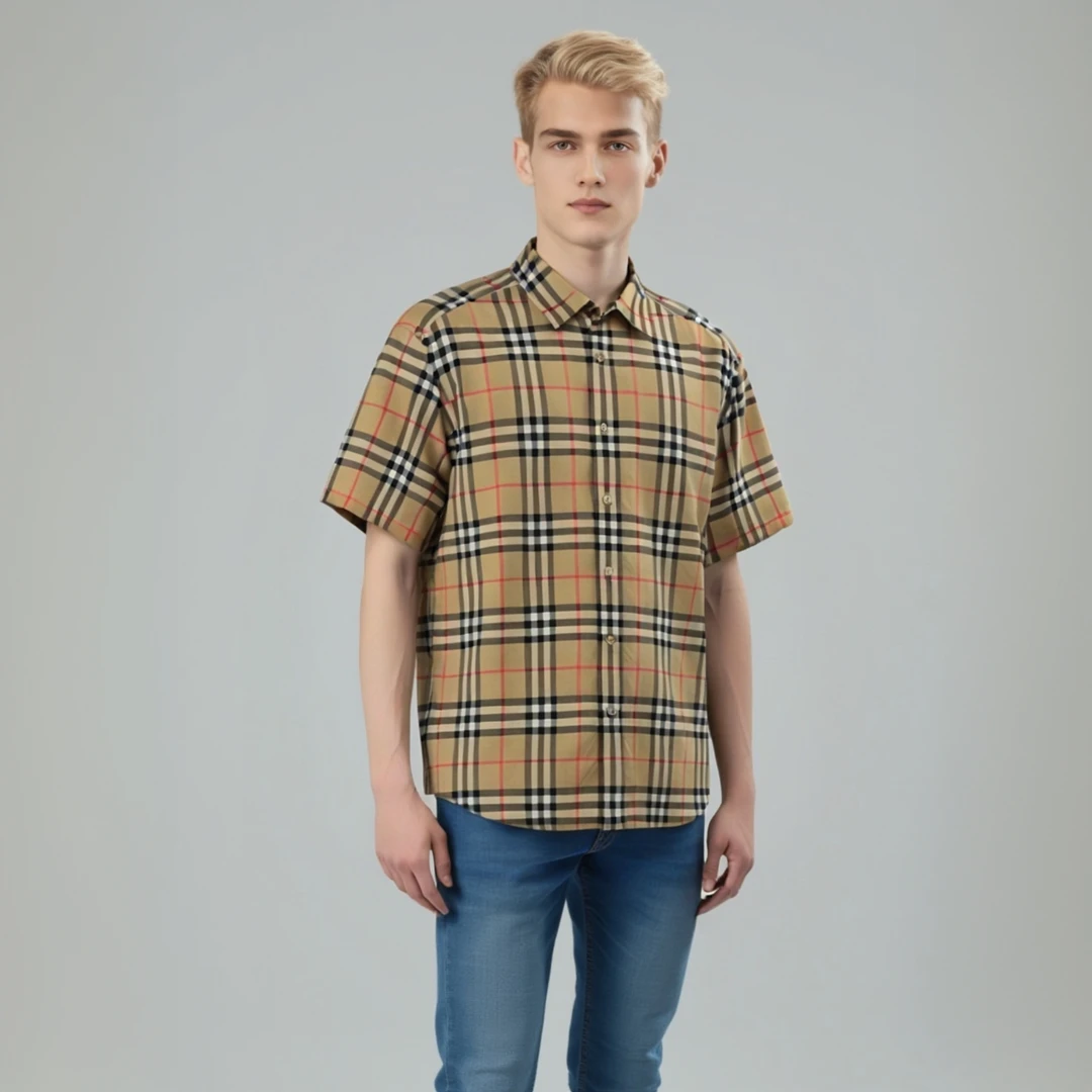 99新 BURBERRY/博柏利 14114816 中格纹衬衫短袖 卡其色 L码